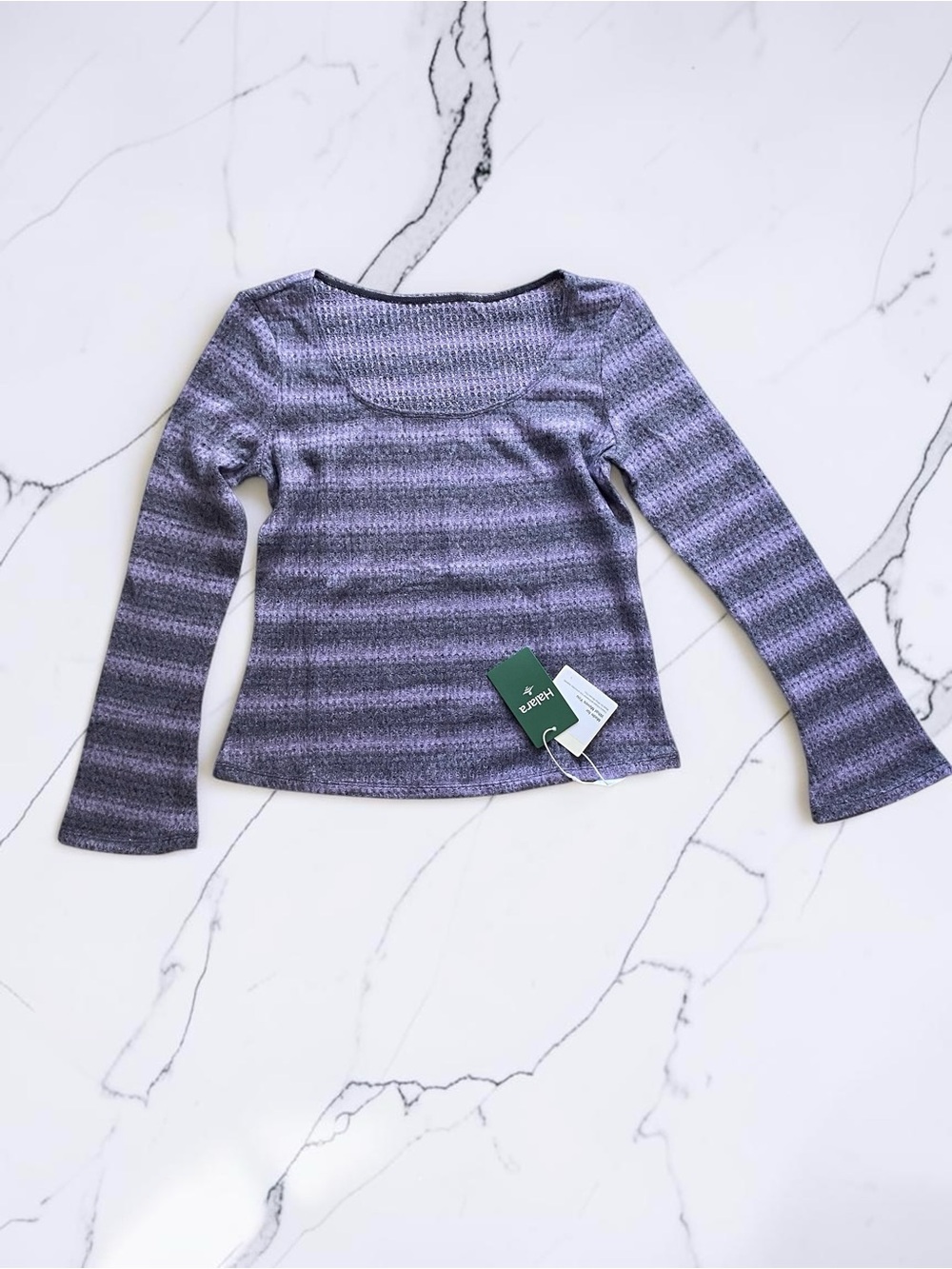 Scoop Neck Long Sleeve Waffle Gradient Stripe Knitted Casual T-Shirt